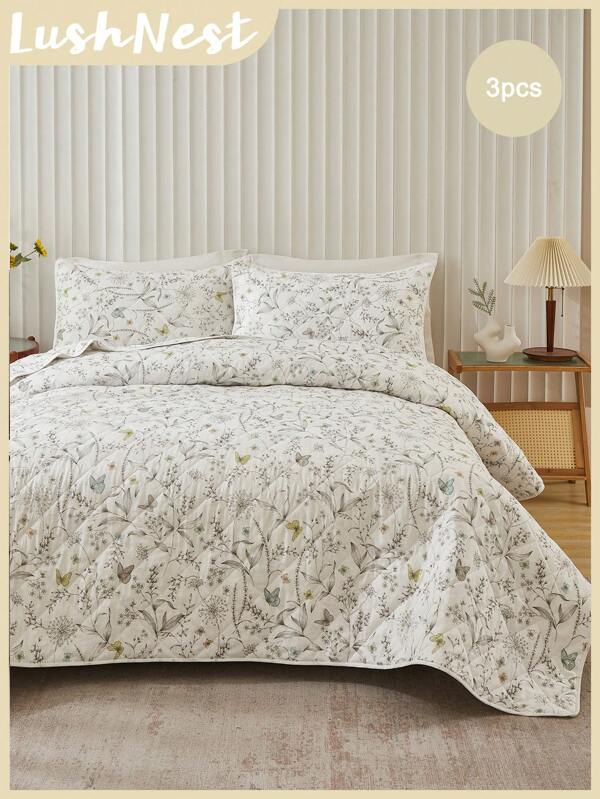 3pcs Floral Print Cotton Bedding Set (1 Quilt Cover + 2 Pillowcases, No Filler), Lightweight Soft Skin-Friendly For Bedroom, Suitable For All Seasons