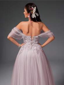 VIPGIRL 粉色露肩薄纱贴花舞会礼服，甜心A字开衩正式晚礼服，女士公主舞会礼服，适合毕业典礼、庆典、婚礼宾客 - 藕粉色 - 查看 9