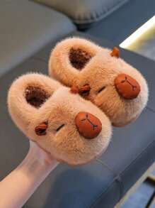1 Pair Kids Cartoon Style Cute Thick Warm Indoor Slippers With Heel, Suitable For Boys And Girls, Autumn/Winter