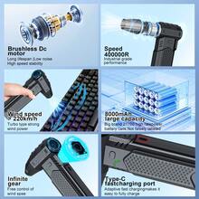 涡轮喷气风扇便携式清洁吹风机工具 Type-C 充电 130000RPM 3 档可调电动空气除尘器汽车吹雪， - 黑色 - 查看 8