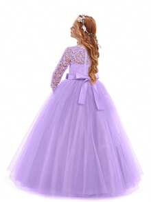 Flower Girls Dress Long Lace Bridesmaid Dress 3/4 Sleeves Floor Length Wedding Party Evening Formal Pegeant Maxi Tulle Ball Gowns - Màu tím hoa cà - Xem 2