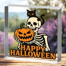 1 Pieza Cartel acrílico de Calabaza con Esqueleto y Gato de Halloween, Placa Feliz Halloween para estantería, escritorio o exhibición de fiesta, relleno de canasta de "Boo", decoración espeluznante, Cartel acrílico de Halloween, decoración del hogar, regalos, regalos de Navidad, regalos de cumpleaños