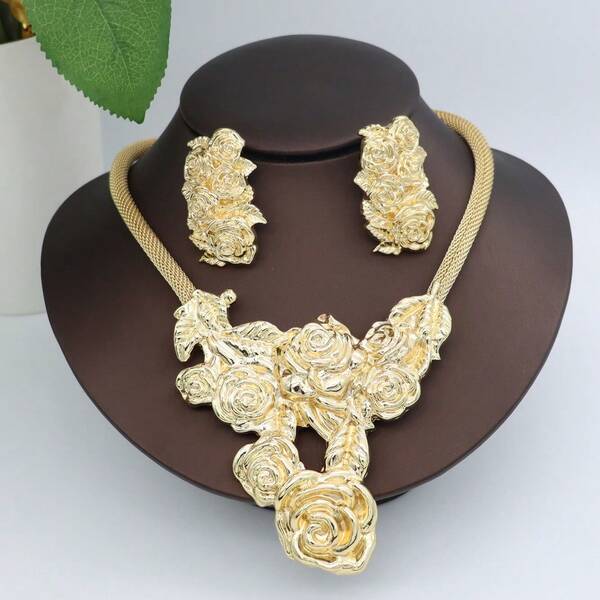 Ensembles de bijoux de luxe en or rose 18 carats pour femmes. Collier et boucles d'oreilles en cuivre élégants. Ensembles de mariage romantiques pour un port quotidien et des fêtes. Cadeau de bijoux
