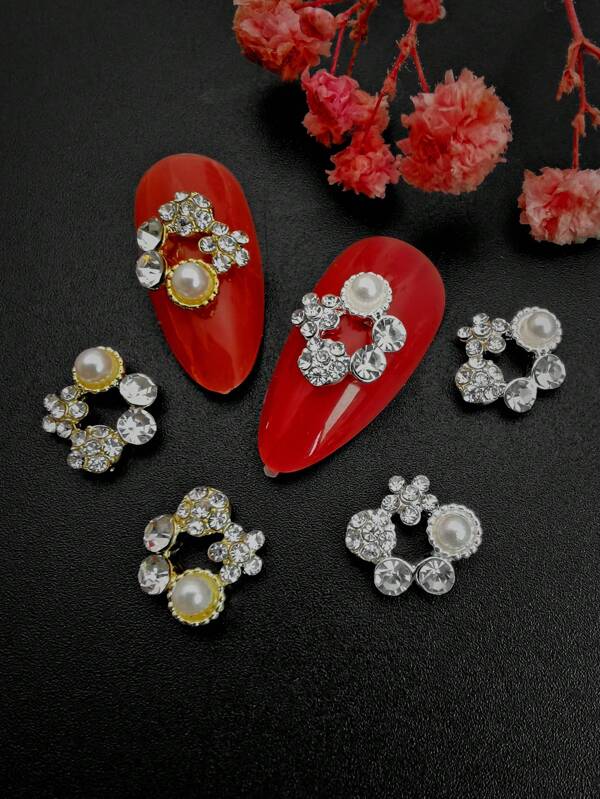 10pcs Gold & Silver Tone Rhinestone Nail Art Decorations, 3D Metallic Flower Wreath Pearl Crystal Glass Nail Studs For Girls & Women