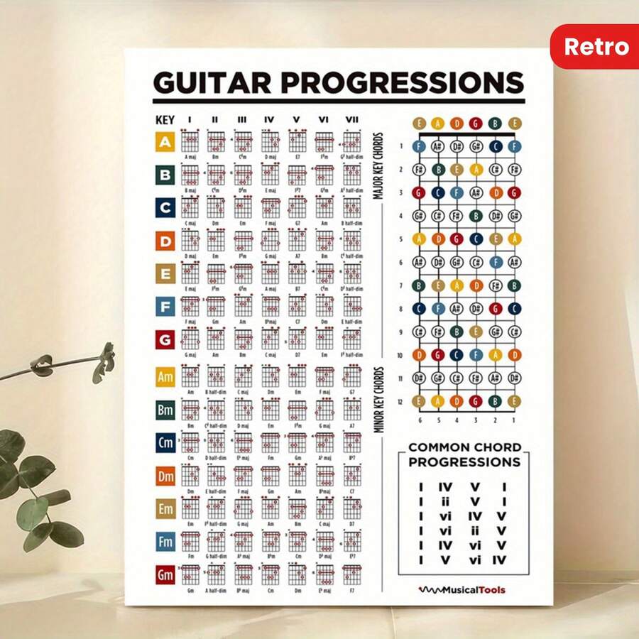 Retro Modern Ink Letter Print Guitar Chord Progressions Theory Canvas Poster - Frameless Art Deco Portrait Orientation Wall Decor For Home Office, Living Room, Bedroom - Guitar Fretboard Learning Wall Art Print, Indoor Use