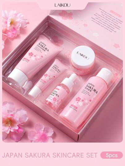 LAIKOU 1 set de 5 pièces Coffret de soins de la peau éclaircissants LAIKOU Sakura (Nettoyant 50g et Tonique 100ml et Sérum 17ml et Crème contour des yeux 15g et Crème de soin du visage 25g) Produit de traitement nourrissant en profondeur. Coffret cadeau de soins hydratants pour le visage. Soins essentiels pour le printemps pour femmes et filles. Cadeau pour petite amie, remise de diplôme, maquillage