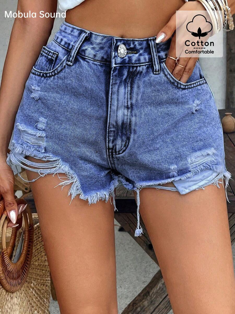 Mobula Sound# Celana Pendek Denim Kasual Sobek dan Lusuh Gaya Milenium Y2K Seksi untuk Wanita Muda, Cocok untuk Festival Musik Musim Semi/Panas - Bunga biru goreng - View 1