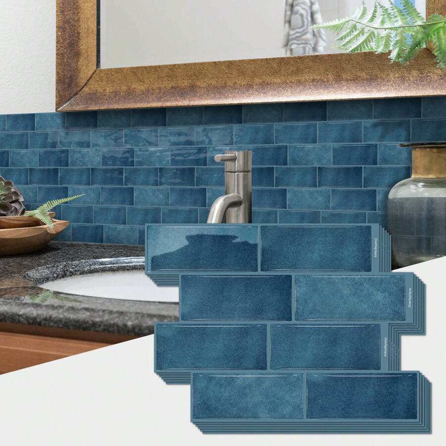 3D Mosaic Self-Adhesive Wall Sticker, Crystal Drip Decorative Stickers, Waterproof, Mildew Resistant, Easy To Clean, Heat Insulation, Suitable For Kitchen, Bathroom, Living Room, Dining Room, Etc., Ready To Tear And Stick, 12X8.7 Inches - Royal Blue - View 1