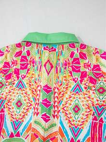 1 Women Floral Geometric Print Cuffed Shift Shirt Dress Button Front Dress Mini Dress - Multicolor - View 9