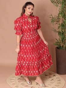 Women's Fashion Midi Dress In 3D Laise Fabric With Elastex On The Back And Button On The Front And Lining - 雙色紅. - 查看 2