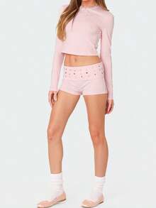 Women Y2K Studded Foldover Summer Hot Shorts Vintage Low Waist Slim Fit Micro Shorts - Hồng - Xem 6