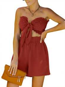Women's Summer 2-Piece Strapless Short And Wide Leg Shorts Set - Brick Red - View 2