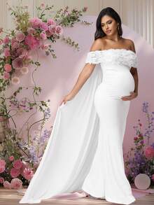 JustVH Maternity Floral Off-Shoulder Dress For Baby Shower, Mesh Cloak Maxi Women Outfit Photoshoot Prop