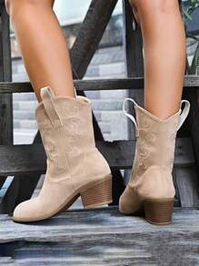 Botas Cano Médio Femininas, Novo Modelo de Outono/Inverno em Vermelho, Bico Redondo, Cor Sólida, Bordado, Slip-On, Salto Grosso, Botas Altas, Estilo Ocidental, Calçado Casual Bege