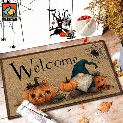 1 Stück Halloween Kürbis Spinnen Seidenmuster Badezimmer Antirutschmatte, aus künstlichem Kaschmir Material, mit flauschiger Dekoration, geeignet für Türen, Badezimmer, Küchen und andere Anlässe, maschinenwaschbar, rutschfest, Alltagsdekoration, kann verschenkt werden