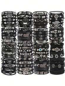 10/20/30Pcs Edgy Punk Rock Multi-Layer Stackable Faux Leather Bracelet Set With Skull Spike Infinity Symbol Design - For Men Teen And Halloween Gifts Creative Metal Dots Fashion Jewelry - Black - View 7
