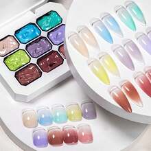 MEET ACROSS 9 Colors Nail Gel Polish Set With 3 Painting Brushes, 8 Sponge Blocks, Macaron Candy Color Nail Gel, High Saturation Semi-Solid Nail Polish Gel, Suitable For Ombre Nails, Nail Art Design And Nail Salons - 彩色 - 查看 6