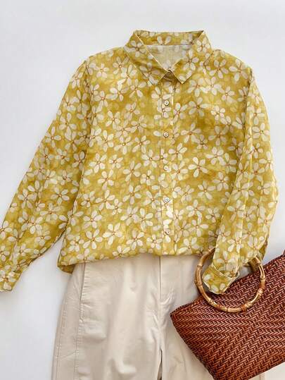 女士休闲花卉印花秋季纽扣衬衫长袖衬衫 Cottagecore