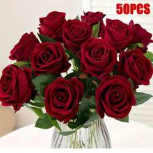 50 pièces Roses artificielles, fleurs artificielles roses rouge foncé pour la décoration, bouquets de mariage DIY, centres de table, décorations, douche de bébé, Saint-Valentin, maison, salon, salle à manger, mur, jardin, couronne, chambre à coucher