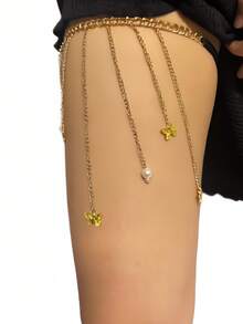 1 件波西米亚风格流苏珍珠金蝴蝶腿链，女士节日礼物，适合日常穿着、派对和聚会 - 金黃色 - 查看 1