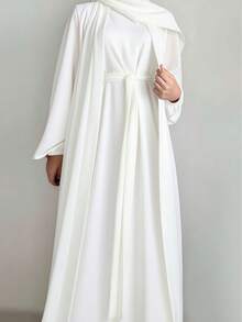 2pcs Women Simple Solid Color Cardigan Robe And Long Dress Set, Excluding Headscarf Spring White - White - View 5