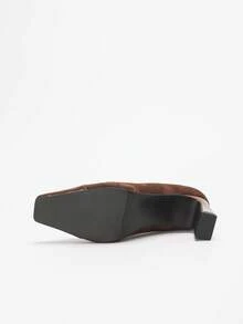 1 Par de Sapatos de Salto Grosso Femininos de Moda Elegante e Clássica em Camurça Preta e Marrom com Retalhos de Couro Envernizado de Bico Quadrado, Adequado para Ambiente de Trabalho, Transporte, Outono, Todas as Estações, Confortável