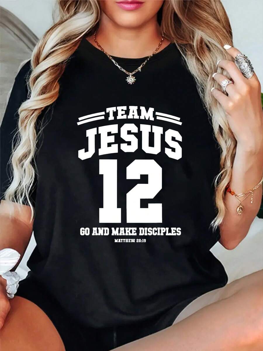 Team Jesus Graphic T-Shirt For Women - Casual Crew Neck Short Sleeve Tee With Inspirational Print, Black With White Lettering, Perfect For Spring & Summer, Everyday Tshirt   Graphic Crew Neck   C