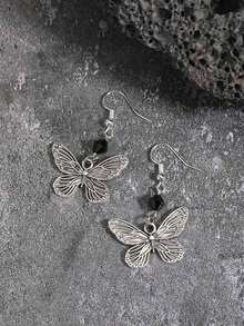 复古哥特式深色风格串珠玫瑰花蝴蝶吊坠黑色串珠 Y2K 女式耳环 - 銀色 - 查看 3