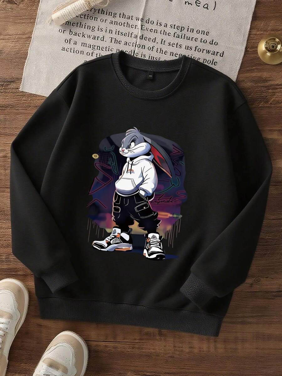 Jungen & Teenager Studenten Lässig Bedrucktes Schwarzes Pullover-Sweatshirt Mit Rundhalsausschnitt, Herbst/Frühlingsjacke