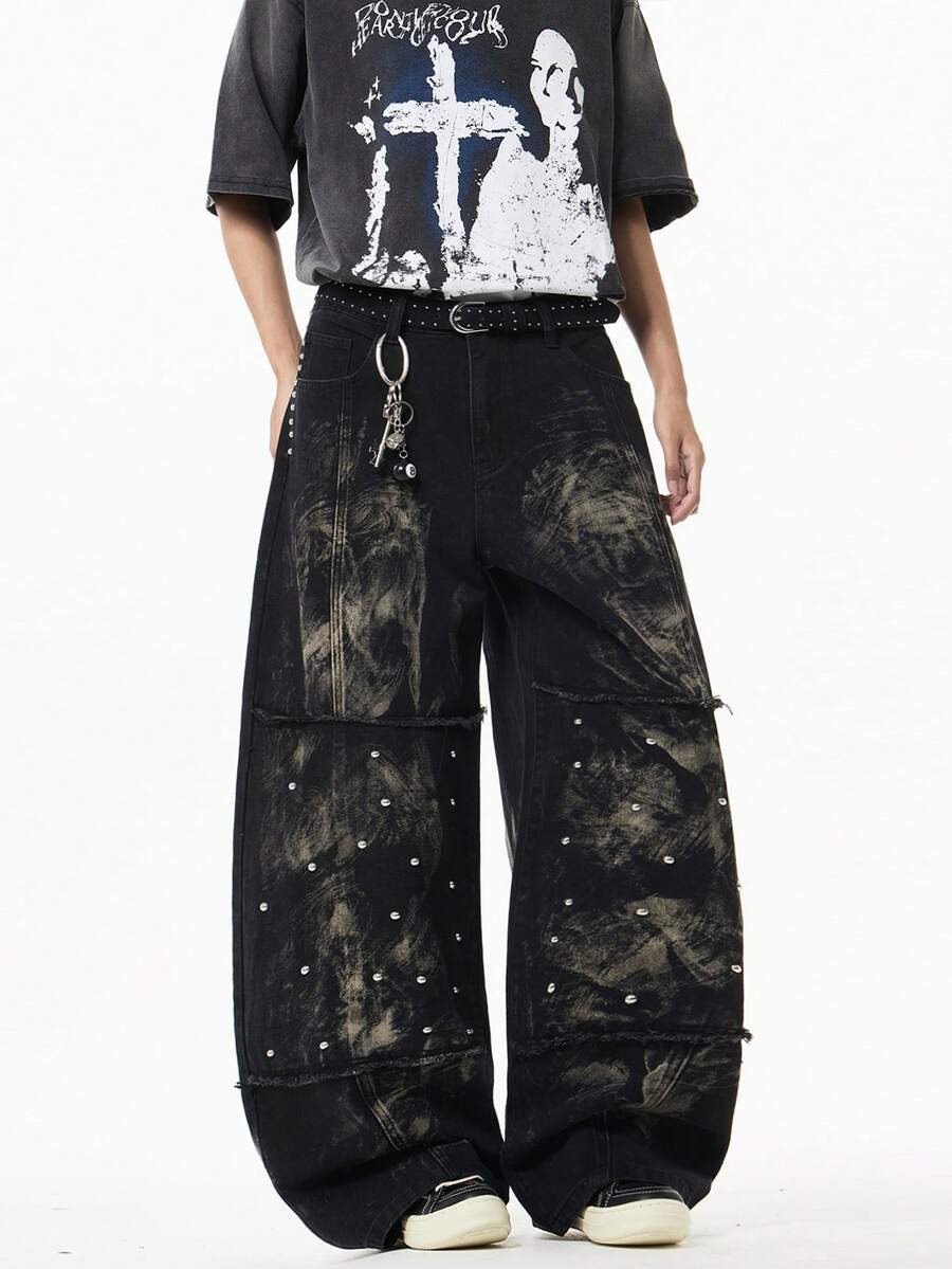 1pc Unisex Rivet Patchwork Washed Distressed Flare Leg Jeans, High Street American Style Casual Loose Pants, Emo Style - Black - View 1
