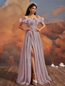 VIPGIRL Đầm dạ hội màu tím oải hương trễ vai, chất liệu voan mỏng, họa tiết hoa 3D, cổ tim, dáng chữ A, xẻ cao, phù hợp cho thanh thiếu niên, phụ nữ, phù dâu, các cuộc thi sắc đẹp, dạ tiệc, khách dự đám cưới. - Bụi hồng - Xem 8