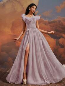 VIPGIRL Đầm dạ hội màu tím oải hương trễ vai, chất liệu voan mỏng, họa tiết hoa 3D, cổ tim, dáng chữ A, xẻ cao, phù hợp cho thanh thiếu niên, phụ nữ, phù dâu, các cuộc thi sắc đẹp, dạ tiệc, khách dự đám cưới. - Bụi hồng - Xem 4