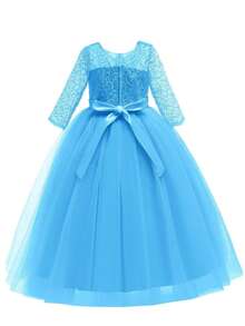 Flower Girls Dress Long Lace Bridesmaid Dress 3/4 Sleeves Floor Length Wedding Party Evening Formal Pegeant Maxi Tulle Ball Gowns - Màu xanh lam - Xem 5