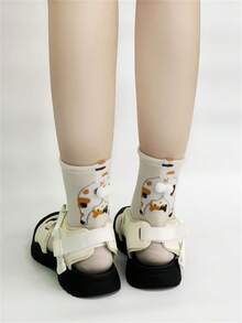 1/5 双舒适有趣的倒置猫球绒球中筒袜，适合所有季节，秋季