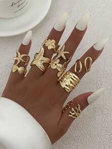 9pcs Bohemian Ocean Style Metal Starfish, Shell, Coral Rings, Elegant Gold Flower Rings, Personalized Multi-Element Geometric Hollow Rings Set, Adjustable Open Rings, Suitable For Women's Daily Dates, Beach Vacations, Party Decorations, Holiday Gifts - 9-piece Ring Set - View 12