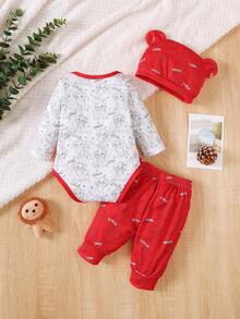 3pcs "Brave Lion Baby" Toddler Long Sleeve Top, Pants With Lion Print, And Hat With Ears, Lightweight & Soft, Suitable For Spring/Autumn Wear Or Layering, Comfortable Set - Red - View 4