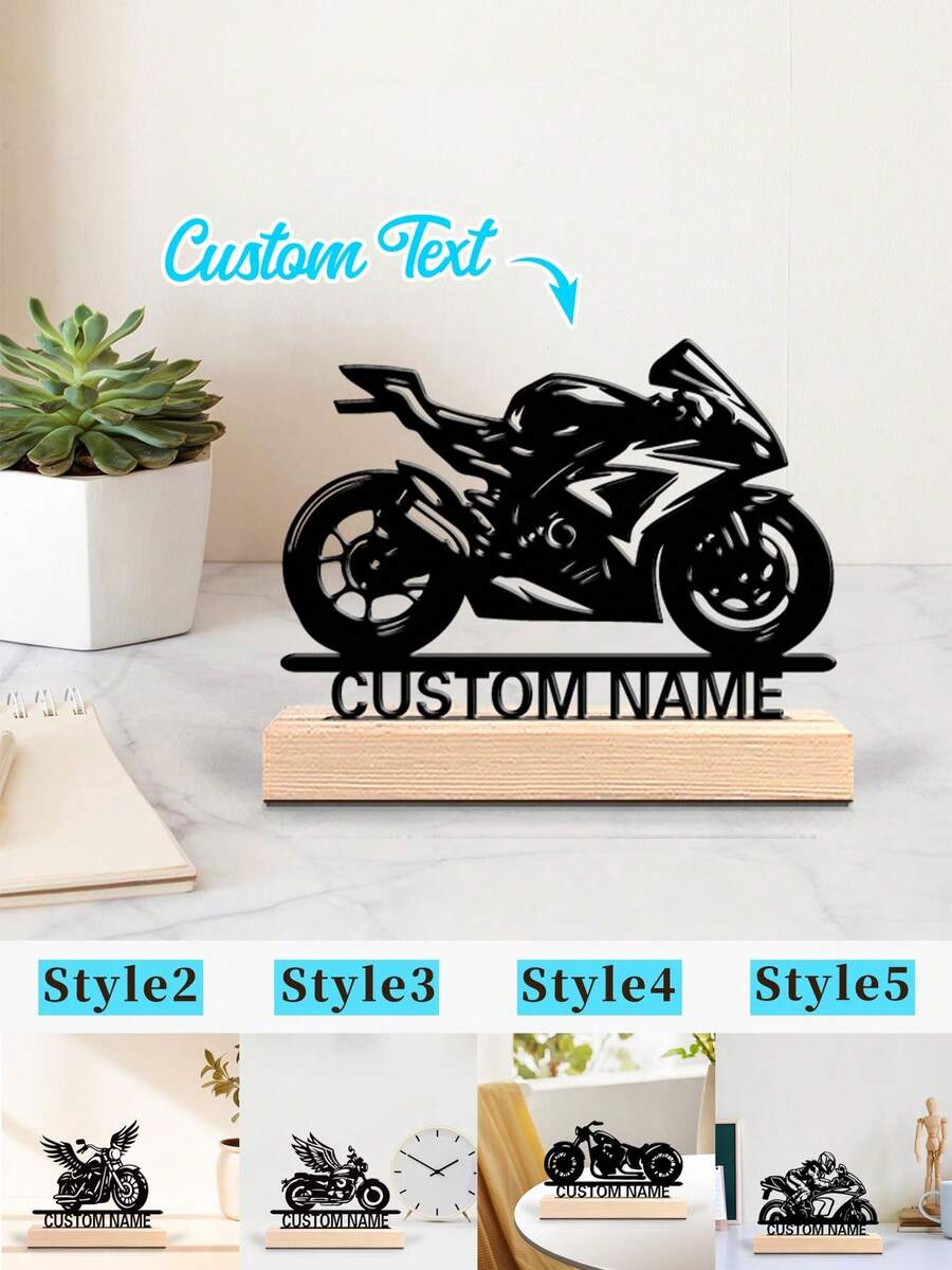 1 pieza Arte de metal con silueta de motocicleta personalizada y base de madera, decoración de sobremesa única, regalo personalizado perfecto para hombres - ideal para decoración del hogar, oficina, cafetería - ideal para San Valentín, Navidad, Año Nuevo, Acción de Gracias, multifuncional, duradero, ornamental, reutilizable, exquisito, elegante, de alta calidad, colorido, moderno, personalizado, único, impresión gráfica - Negro - Ver 1