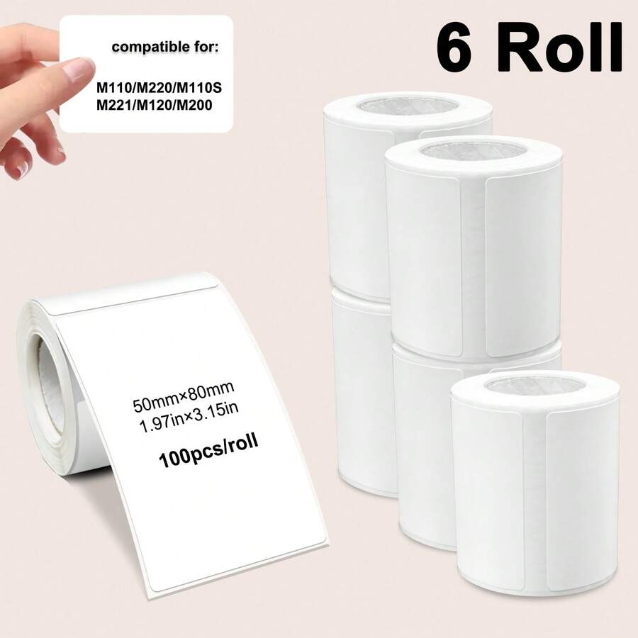 6 卷 50x80mm 标签 M110 标签白色 M220 标签（1.96 英寸 X 3.15 英寸）适用于 M220 M200 M221 M110 标签打印机，方形热敏标签兼容 Phomemo M110 M220 M221 M200 标签机 - 100 个标签/卷，适用于学校用品，返校