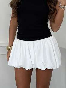 Women Y2K Bubble Skirt High Waist Solid Color Ruffle Hem A Line Pleated Mini Short Skirt Teen Girls Balloon Puffy Short Skirts Streetwear - 白色 - 查看 6