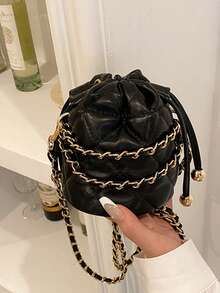 纯色时尚菱形迷你抽绳桶形PU通勤优雅女士单肩包带链条 - 黑色 - 查看 12