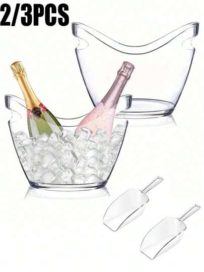 2/3PCS Acrylic Wine Cooler Bucket With Ice Scoop Set, Transparent Ice Bucket, Ice Bucket For Outdoor Picnics, Champagne, Beer-Portable Fruit Storage Basket,Suitable For Bar, Kitchen, Dinner Party, For Outdoor, Camping, Bar Accessories For Cocktail Bar Good For Champagne Or Beer Bottle