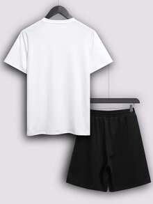 Men's Colorful Racing Car Graphic Print Round Neck Short Sleeve T-Shirt And Drawstring Waist Shorts Set, Casual - White - View 2