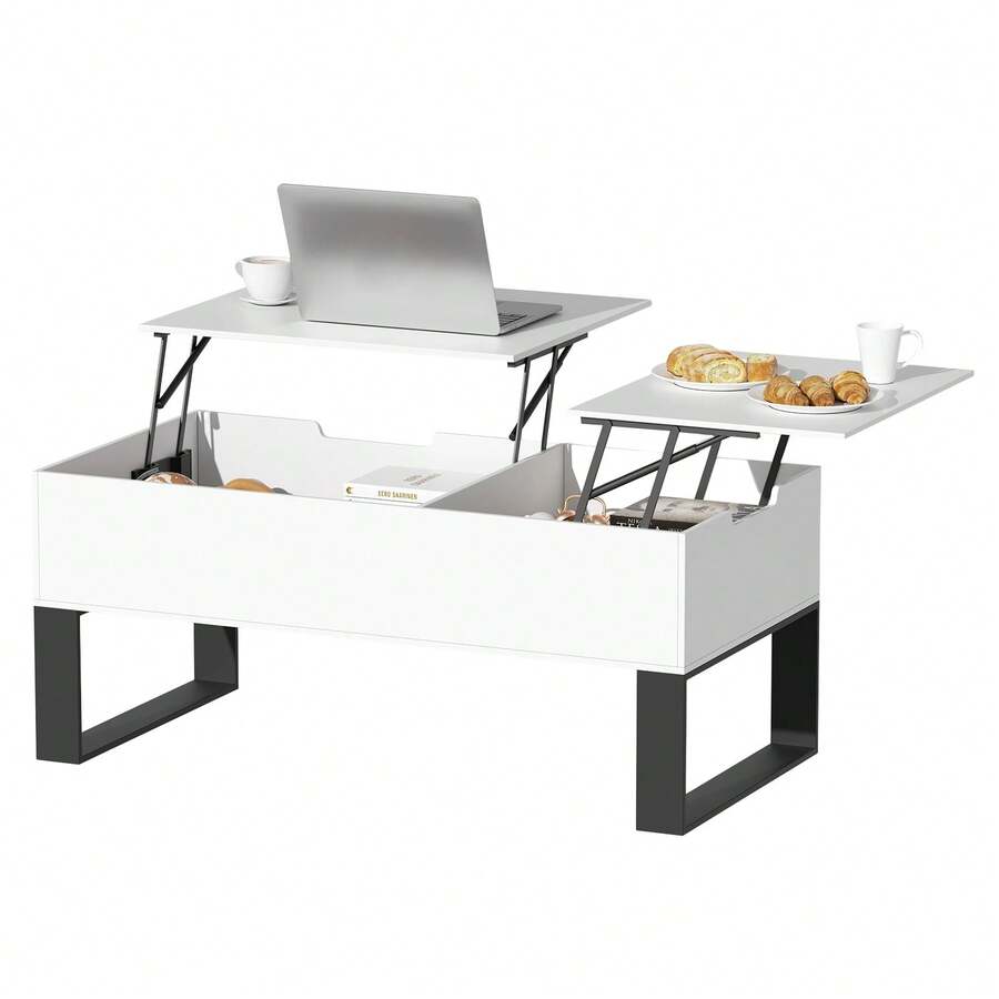 FXLTSBL Coffee Table, Height Adjustable Coffee Table, Pull-Out, Retractable Coffee Table, Separate Hidden Storage Compartment, Double Lifting Plate, Living Room Table, White - White - View 1