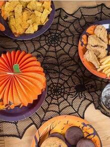 1Pc 18 X 72 Inch Lace Spiderweb Table Runner, Halloween Black Spiderweb Tablecloth, Suitable For Kitchen Table Decoration, Halloween Decoration/Horror Party, Home Decoration, Interior Decoration, Fireplace Decoration Halloween Gift, Perfect Halloween Horror Home Decoration Gift. Room Decor