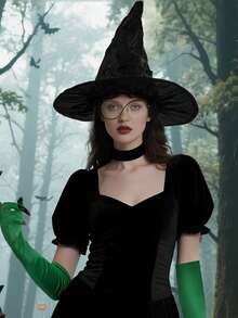 1pc Women's Black Witch Hat, Funny Party Costume Accessory, Wrinkled Witch Hat For Holiday Performance - Solid Color Lace Witch Hat - View 11