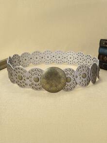 Cinto feminino de metal prateado com fivela redonda de PU, acessórios de bronze antigo, cinto casual vintage da moda, adequado para encontros, reuniões, festas, uso diário, outono, Halloween - Prata - Ver 5