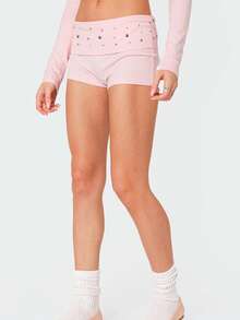 Women Y2K Studded Foldover Summer Hot Shorts Vintage Low Waist Slim Fit Micro Shorts - Hồng - Xem 2