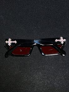 POLASUP 1 件水晶十字架和心形装饰牢不可破的聚碳酸酯镜片运动休闲复古方形太阳镜男士四季皆宜，Y2K 时尚复古风格，配有眼镜带和清洁布 - 黑框/紅鏡片(貼鑽十字架) - 查看 10