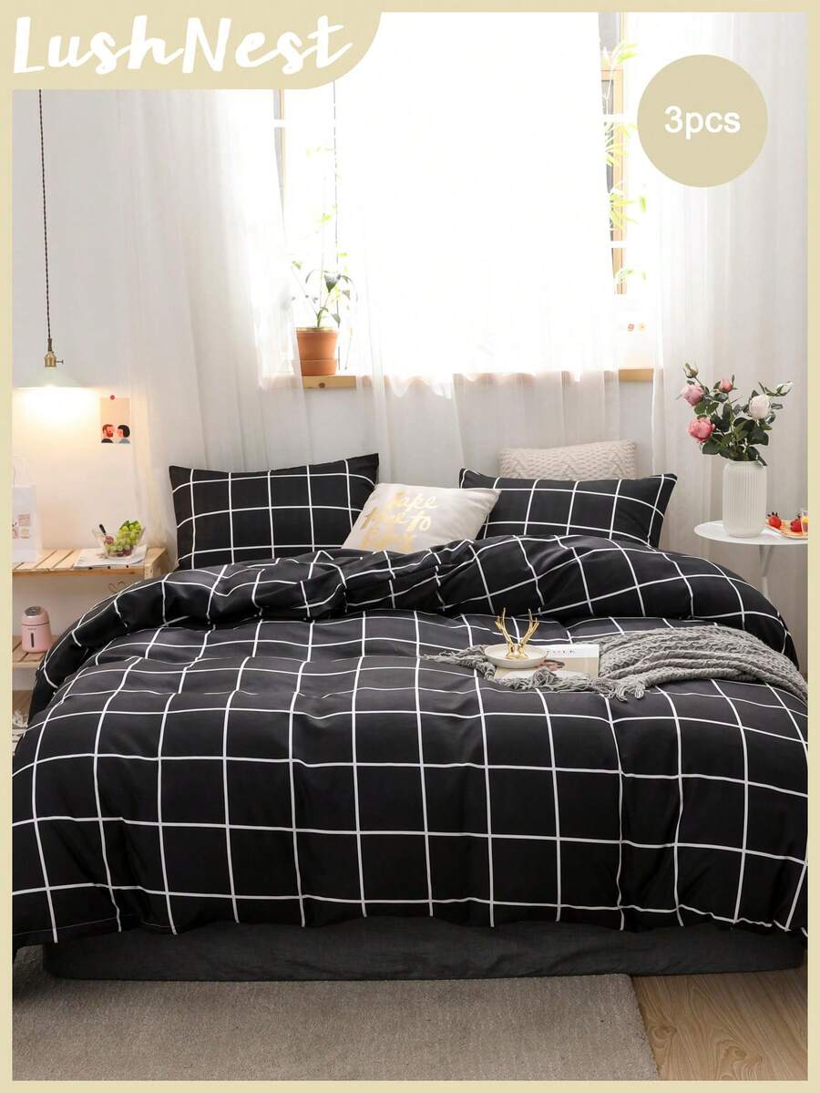 黑色格子床上用品套装 格子羽绒被套 波西米亚风农舍床上用品套装 3 件套 家居装饰黑色被套 柔软超细纤维羽绒被套 适合男孩女孩 1 羽绒被套 2 枕套 无被子 适合所有季节