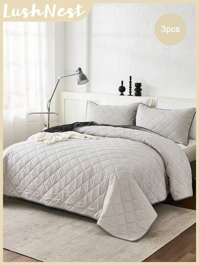 3pcs Patchwork Gray & Black Bedspread Set (1 Bedspread + 2 Pillowcases), Classic For Daily Use, Double-Sided, Polyester Fiber, Soft & Skin-Friendly, Lightweight, Suitable For Master Bedroom, Guest Room, All Seasons, Great Gift Option